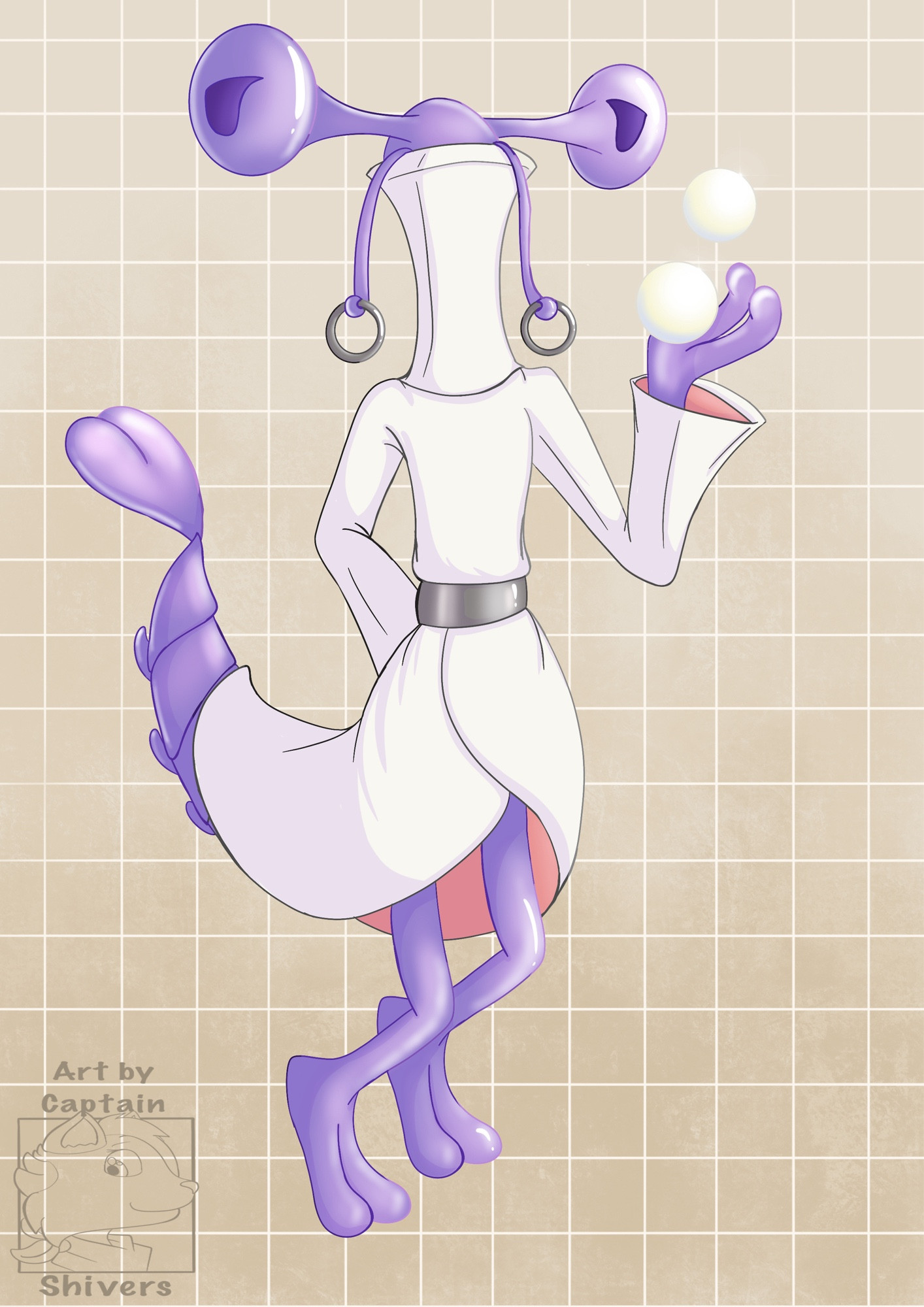 A drawing of Cipher with two pearls floating in its hand set on a cream tile background.