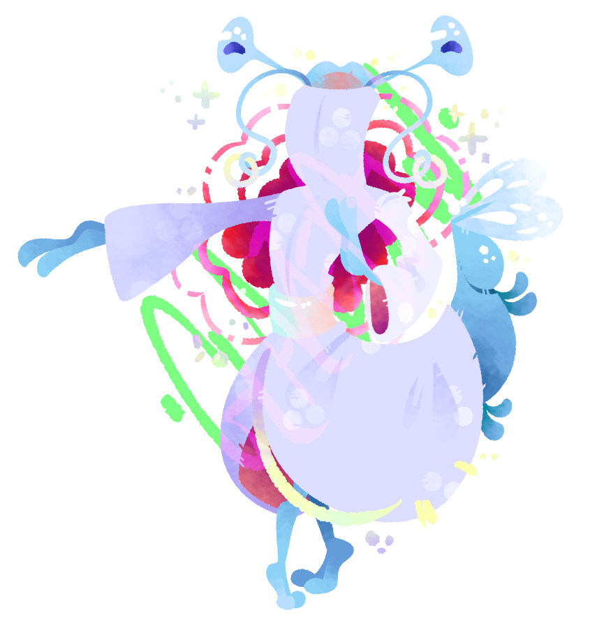 A drawing of Cipher with colorful pink and green patterns in the background behind it.