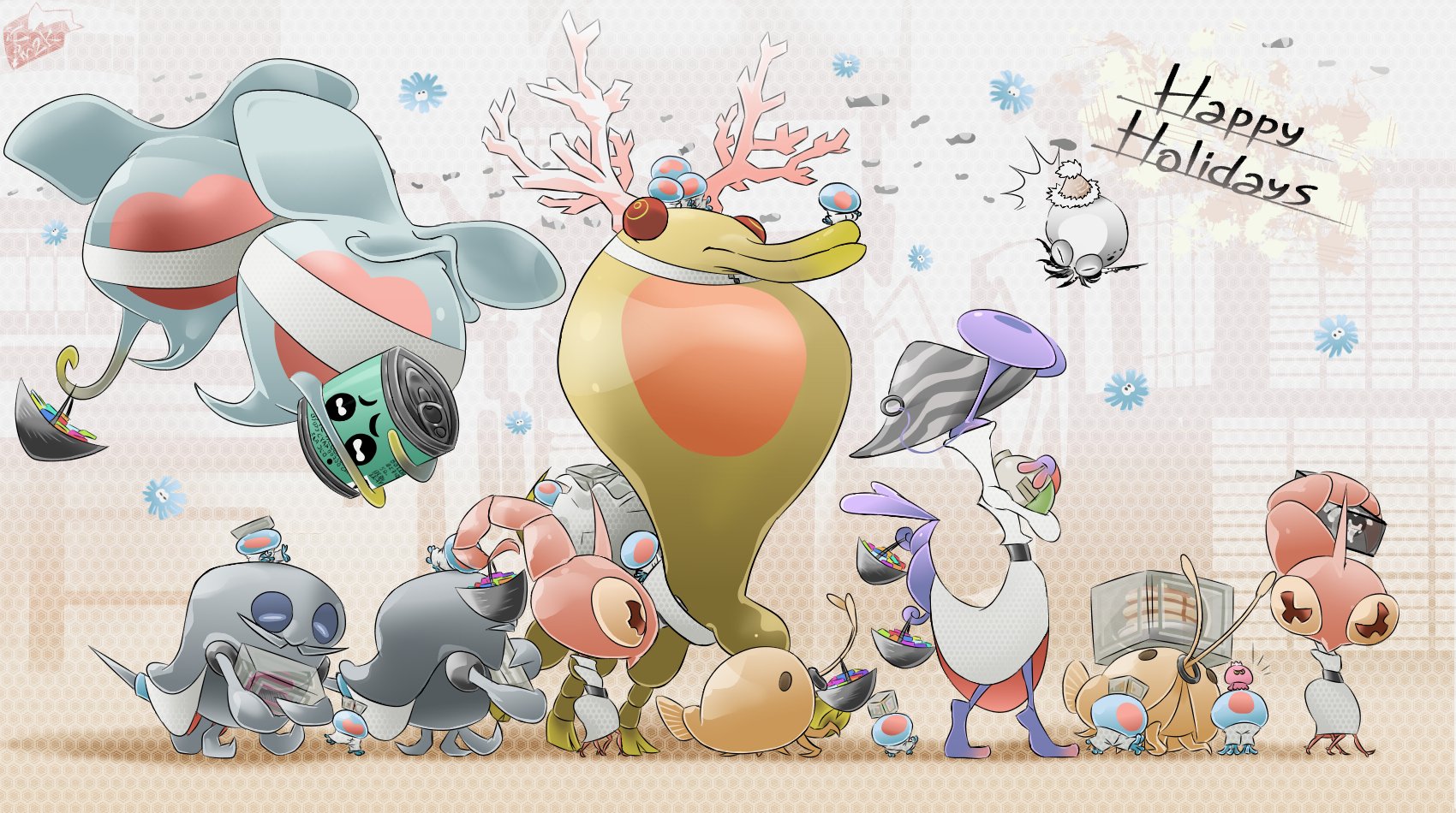 A drawing featuring Cipher and all the different Memverse nodes mentioned in the concept lineup above forming a parade through a white city background. Many of these creatures are carrying baskets of multicolored items hanging from various limbs. The large, yellow prawn-like creature has two pieces of light pink coral stuck to its head like reindeer antlers, and Cipher wears a large, gray, striped clamshell as a hat, with its eyestalks poking up from underneath. Additionally, in the top right corner is text saying 'Happy Holidays', and right below that is another Memverse node named Smollusk. It takes an appearance similar to a freshly-hatched baby octopus, with a translucent white body, black-tipped tentacles, and very light blue eyes. It wears a little cream-colored Santa hat atop its mantle.