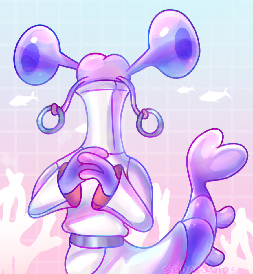 A drawing of Cipher on a pastel pink and blue gradient tile background, with white silhouettes of coral and fish behind it.