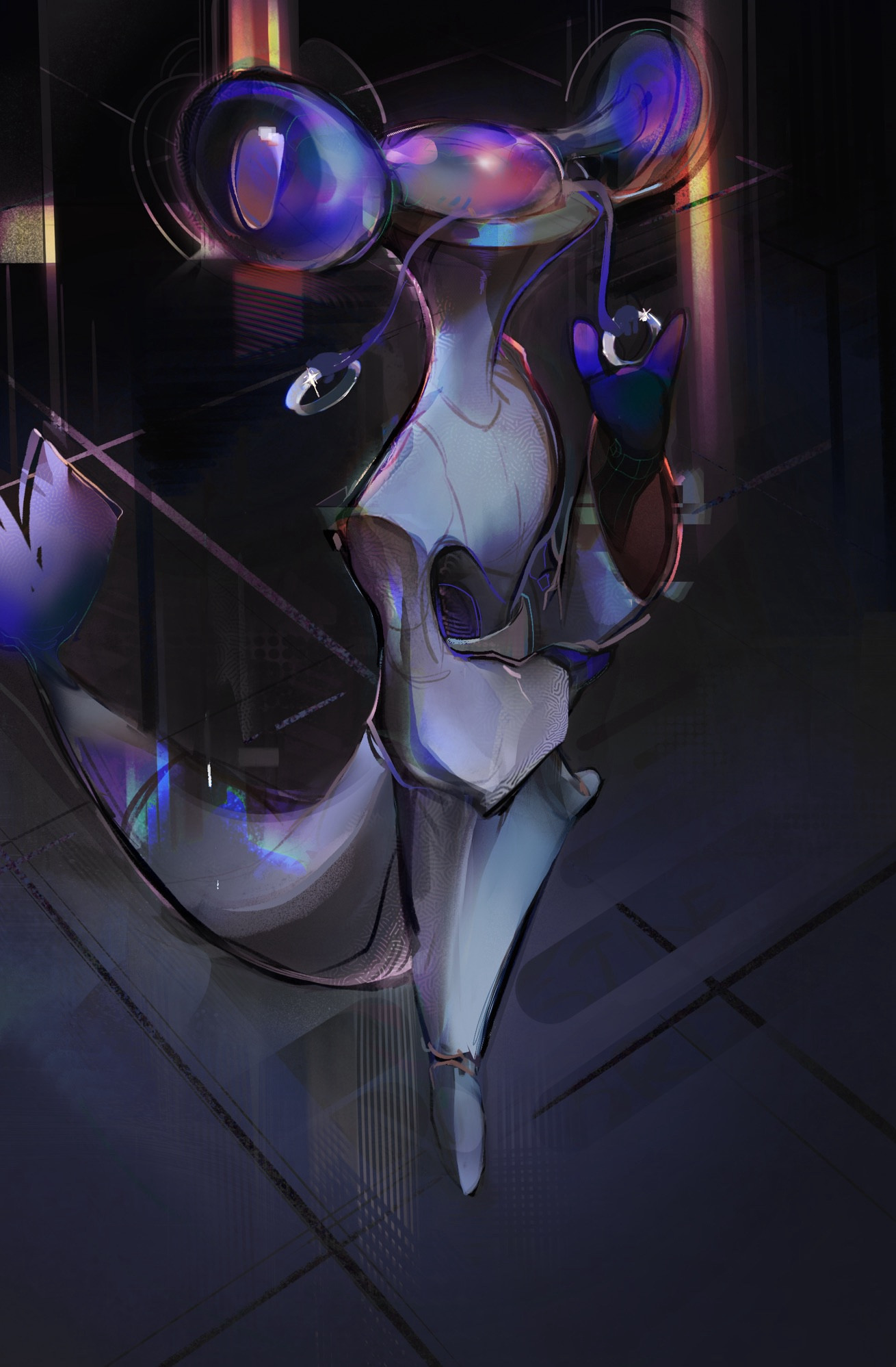 A drawing of Cipher on a dark tile background. The camera angle is positioned slightly above Cipher, and there are a few streaks of orange light behind it.