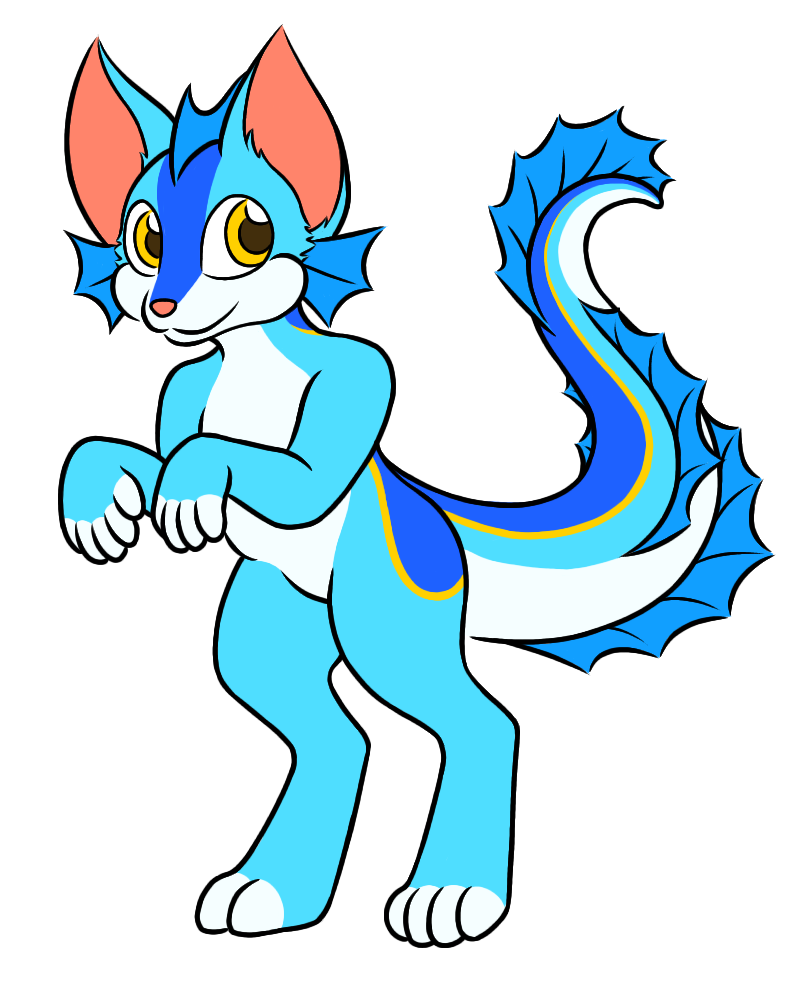 A blue and white anthropomorphic cat with fish-like fins.